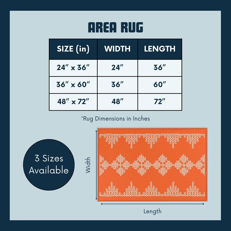 May include: A chart showing three sizes of area rugs with their corresponding width and length measurements in inches. The rug is orange with a white geometric pattern. The text "3 Sizes Available" is in a circle below the chart.
