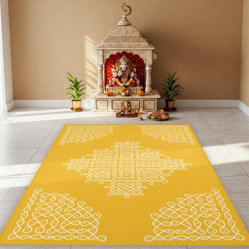 Rangoli Mat Yellow Area Rug, Pooja Decoration Kolam Mat, Mandir Mat ...