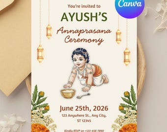 Modèle de toile modifiable sur invitation Annaprasana, invitation personnalisée pour cérémonie d'allaitement de bébé telugu indien, décor Annaprasana