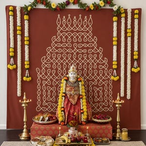 Könnte beinhalten: Ein terrakottafarbener Hintergrund mit einem weißen geometrischen Kolam-Muster, geschmückt mit hängenden weißen und gelben Blumengirlanden. Eine zentrale Gottheitsstatue trägt einen rot-goldenen Sari, flankiert von zwei Messing-Öllampen und Obstgaben.