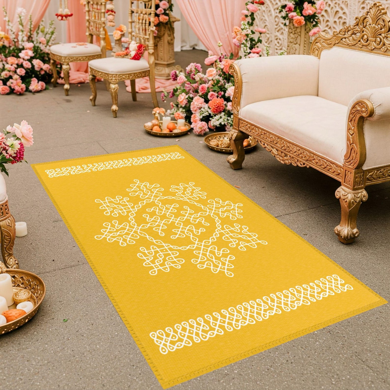Pooja Decoration, Rangoli Mat Yellow Area Rug, Haldi Decor, Mandir Mat ...