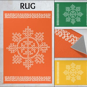 Può includere: Tre tappeti diversi con un design geometrico bianco su uno sfondo colorato. I tappeti sono arancioni, verdi e gialli. Il testo "RUG" è in alto nell'immagine.