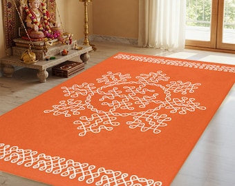 pooja decoration, Rangoli mat orange Area Rug, mandir mat, pooja backdrop,  Diwali decor, Haldi backdrop, Haldi decor, indian backdrop rug