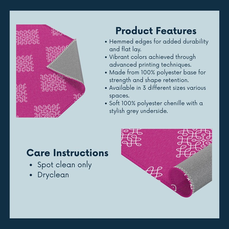 May include: Pink and grey throw rug with a white geometric pattern. The rug is made of chenille and has a soft, plush texture. The rug is hemmed around the edges for durability. Care instructions: Spot clean only, dry clean.