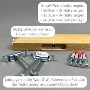 K&ouml;nnte beinhalten: Ein Holzregal mit rechteckigem Ausschnitt, Metallhalterungen und Schrauben. Das Regal ist hellbraun und die Halterungen sind silberfarben. Das Bild enth&auml;lt Text mit Ma&szlig;en und der Anzahl der ben&ouml;tigten Halterungen.