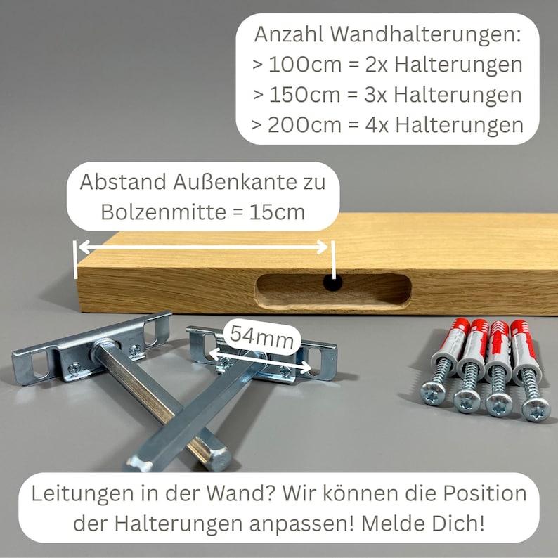 K&ouml;nnte beinhalten: Ein Holzregal mit rechteckigem Ausschnitt, Metallhalterungen und Schrauben. Das Regal ist hellbraun und die Halterungen sind silberfarben. Das Bild enth&auml;lt Text mit Ma&szlig;en und der Anzahl der ben&ouml;tigten Halterungen.