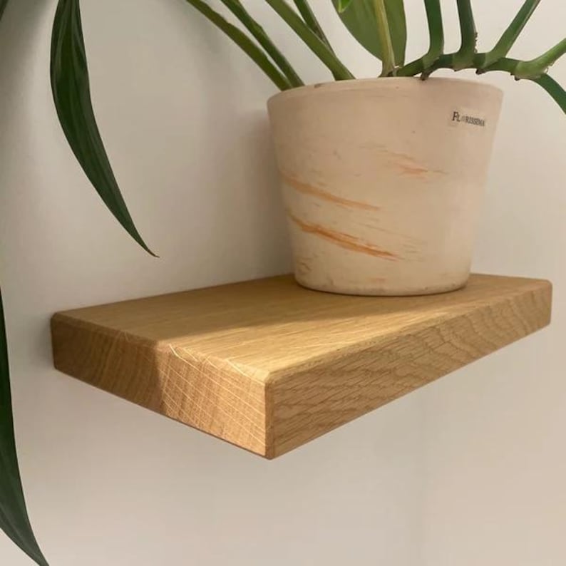 K&ouml;nnte beinhalten: Ein schwebendes Regal aus Naturholz mit abgeschr&auml;gter Kante, das einen beigefarbenen Keramik-Pflanzentopf mit orangefarbenen Pinselstrichen tr&auml;gt. Das Regal ist an einer wei&szlig;en Wand befestigt, gr&uuml;ne Bl&auml;tter sind sichtbar.