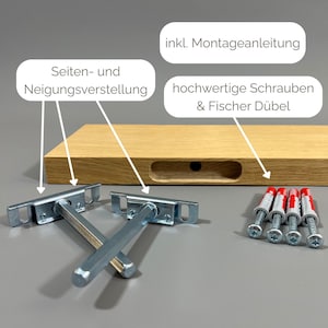 K&ouml;nnte beinhalten: Ein Holzregal mit Montagematerial, einschlie&szlig;lich Schrauben und D&uuml;beln. Das Regal hat eine rechteckige Form mit einem Ausschnitt. Das Bild zeigt auch Metallregalhalterungen und Text, der "incl. Montageanleitung" und "Seiten- und Neigungsverstellung" lautet.