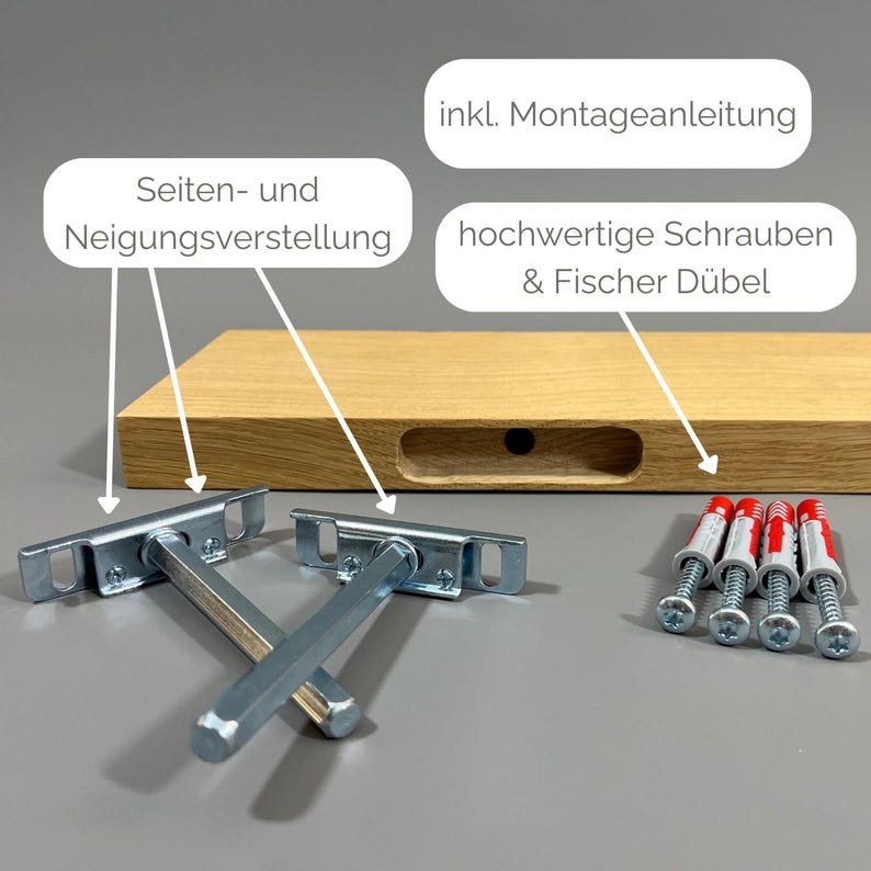 K&ouml;nnte beinhalten: Ein Holzregal mit Montagematerial, einschlie&szlig;lich Schrauben und D&uuml;beln. Das Regal hat eine rechteckige Form mit einem Ausschnitt. Das Bild zeigt auch Metallregalhalterungen und Text, der "incl. Montageanleitung" und "Seiten- und Neigungsverstellung" lautet.