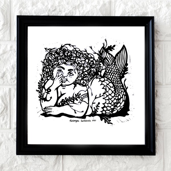 FAT OLD MERMAID  limited edition linocut print