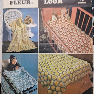 May include: A vintage Multi Fleur Flower Loom pattern booklet by Twilleys of Stamford. The cover features four photographs of crocheted blankets made with floral motifs in yellow, white, brown, and blue, with text including 7p 5947.