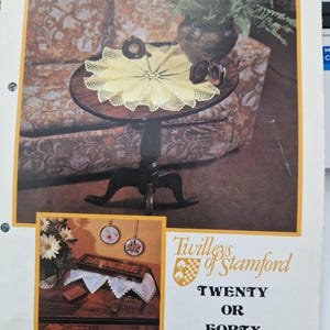 Op de afbeelding: Een gele gehaakte placemat op een houten tafel met een varenplant in een bruine pot. De afbeelding bevat de tekst "Twilleys of Stamford TWENTY OR FORTY HOME CROCHET".