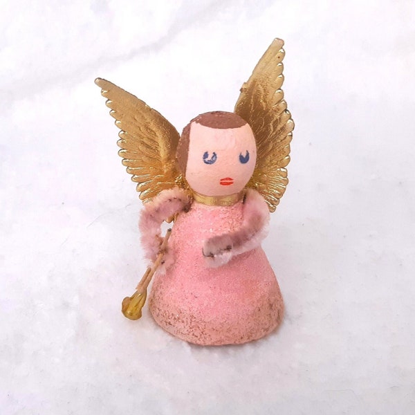 Vintage Miniature Angel of Sugared Mica on Cork Base, Chenille Pipe Cleaner Arms, Handpainted Spun Cotton Head, Gold Wings & Horn, 2.7" Tall
