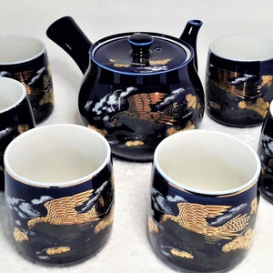 Traditional Japanese Tea Set with Side Handle Teapot & 6 Handleless Cups, Cobalt Blue with Golden Eagle Motif -- Vintage, Like New