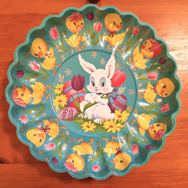 Vintage Easter Molded Plastic Aqua 9-1/2" Scalloped Tray / Easter Candy Dish / Retro Decoration with Cute Easter Bunny, Chicks & Flowers