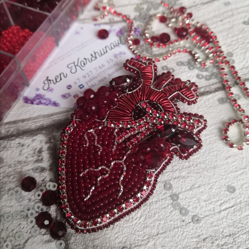 Anatomical heart embroidered beads brooch anatomical core Etsy