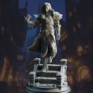 May include: A detailed statue of a male figure in ornate armor, holding a glowing orb. The figure stands on a small set of steps, with a blurred cityscape in the background. The statue is a neutral gray color.