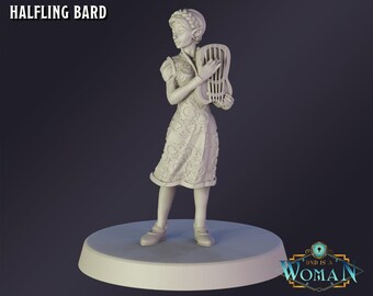 May include: A detailed, off-white figurine of a Halfling Bard holding a lyre. The figure is dressed in a detailed dress and shoes, standing on a circular base. The text "HALFLING BARD" is at the top left.