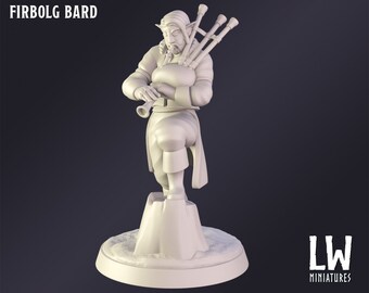 May include: A white Firbolg Bard miniature figurine playing bagpipes. The figurine is standing on a small, round base with a textured surface. The text "FIRBOLG BARD" is at the top left. The LW Miniatures logo is at the bottom right.