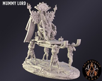 May include: A detailed, off-white miniature of a Mummy Lord on a throne, carried by four figures. The throne is ornate with a crown and torch-like elements. The text "MUMMY LORD" is at the top. The base is textured, and the logo "ARCHVILLAIN GAMES" is at the bottom.