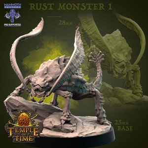 May include: A detailed, pre-supported 3D-printed miniature of a Rust Monster. The creature is depicted in a dynamic pose, with large, wing-like appendages and a spiky exoskeleton. The base is 25mm, and the model is 28mm tall. The text "RUST MONSTER 1" is visible.
