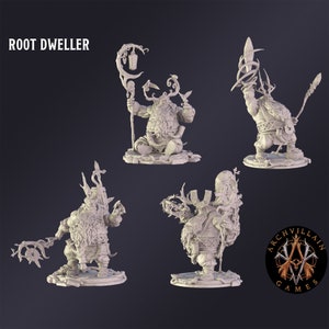 May include: A collection of Root Dweller figurines in various poses. The figures are detailed with intricate designs, including antlers, beards, and staffs. The figures are light in color and set against a dark background. The text "ROOT DWELLER" is at the top.