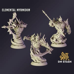 Puede incluir: Tres figuras detalladas de Elemental Myrmidon de color claro. Cada figura está posada de manera diferente, con armas y posturas dinámicas. El texto "ELEMENTAL MYRMIDON" está en la parte superior y el logotipo de DM STASH en la parte inferior derecha.
