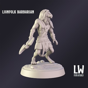 DnD Miniature Lionfolk Barbarian miniature for Dungeons and Dragons tabletop RPG Wargaming miniature from Lost World Miniatures