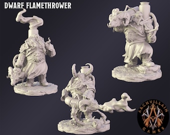 DnD Miniature Dwarf Flamethrower  miniature for Dungeons and Dragons tabletop RPG Wargaming miniature from  Archvillain Games