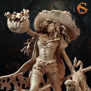 DnD Miniature Pumpkin Witch miniature for Dungeons and Dragons tabletop RPG Wargaming miniature from SolGood Creations