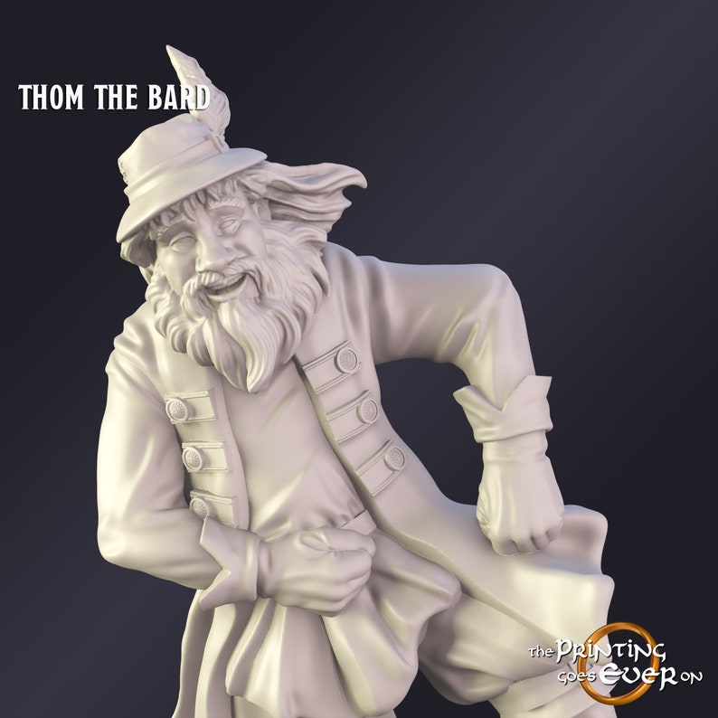 May include: A white figurine of a bard, wearing a hat with a feather, a long coat with buttons, and a long beard. The text "THOM THE BARD" is at the top left. The Printing Goes Ever On logo is at the bottom right.