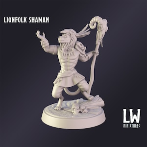 DnD Miniature Lionfolk Shaman miniature for Dungeons and Dragons tabletop RPG Wargaming miniature from Lost World Miniatures