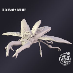 May include: A 3D-printed, off-white Clockwork Beetle miniature. The insect-like figure features intricate mechanical details, including gears and ornate wing designs. The text "CLOCKWORK BEETLE" is at the top. The logo for "Cast n Play" is in the bottom right corner.