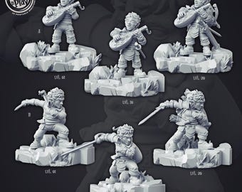 May include: A collection of 3D-printed miniatures of "Welbyn the Bard" in various poses and levels. The figures are depicted on rocky bases, some holding a lute, others with swords. The text "Cast n Play" and "Heroes Collection" are visible.