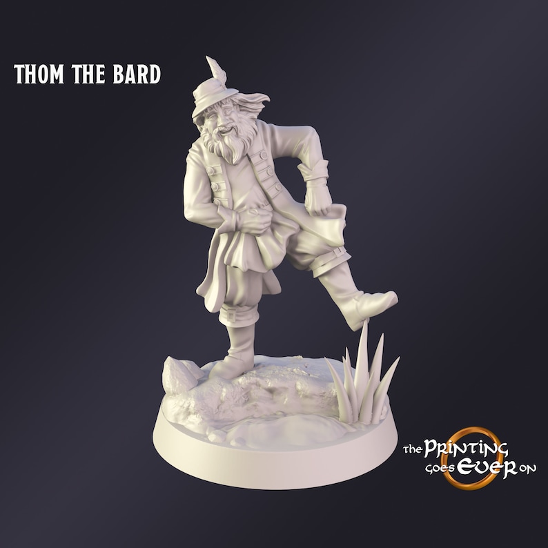 May include: A 3D-printed figurine of Thom the Bard, a jovial character with a feathered hat, long beard, and period clothing. The figure is posed mid-step on a rocky base with grass accents. The text "THOM THE BARD" is above the figure.