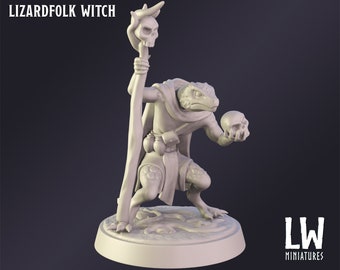 Lizardfolk Witch Premium Tabletop Game miniature from Lost World Miniatures, Dungeons and Dragons, Pathfinder