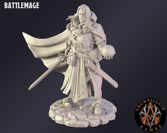 Miniatura de mago de batalla de DnD para juegos de rol de mesa Dungeons and Dragons, miniatura de wargames de Archvillain Games.