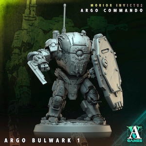 May include: A gray Argo Bulwark 1 miniature robot figure, holding a shield and a weapon. The figure is highly detailed with mechanical components and is labeled "MORIOR INVICTUS ARGO COMMANDO" and "A GAMES".