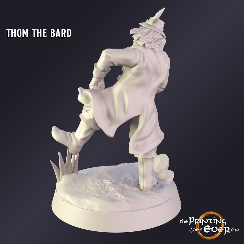 May include: A 3D-printed figurine of a bard in a running pose, wearing a hat with a feather, a long coat, and boots. The figurine is on a circular base with the text "THOM THE BARD" at the top. The Printing Goes Ever On logo is at the bottom.