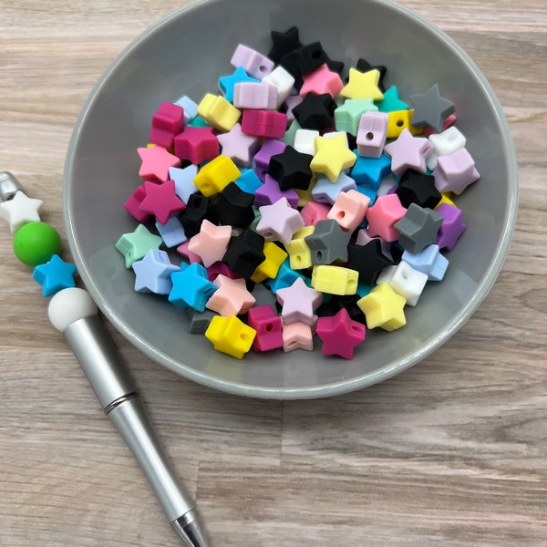 Pack OF 10 Small 12mm RANDOM MIX Star Silicone Beads | Star  Bead | Pen Beads | Keychain beads | Wristlet Bead