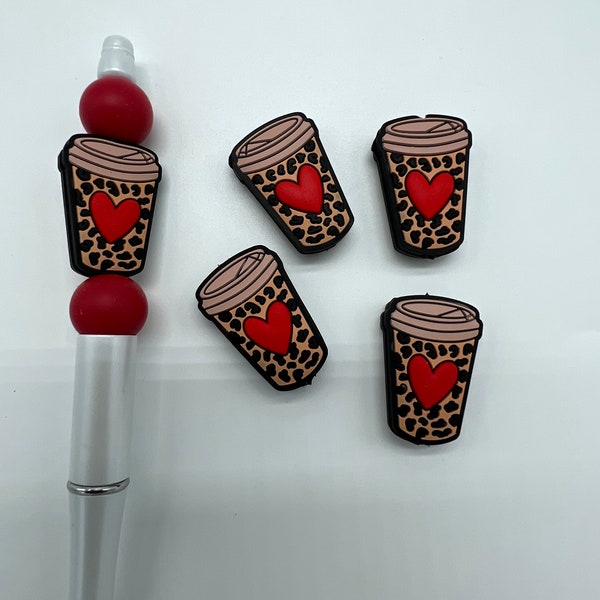 Coffee Cup Silicone Focal Beads |  Leooard Coffee Cup with Heart Focal Bead | Pen Beads - Keychain beads