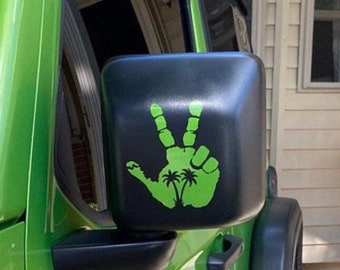 Set of 2 Hand Wave Double Palm Tree Peace Wave decals for Jeep side mirrors - Hand Wave mirror decal