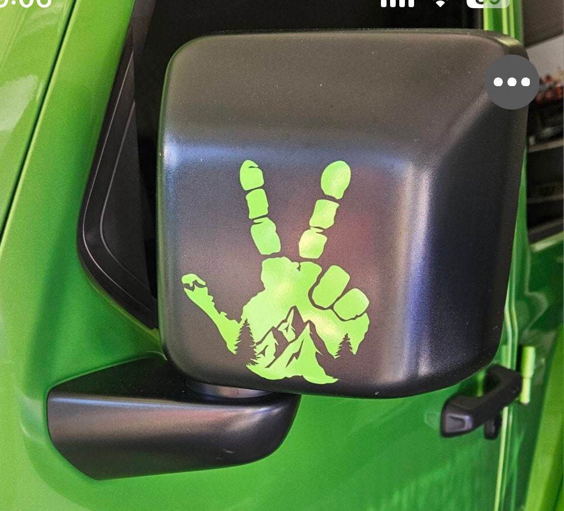 Set of 2 Hand Wave Peace Mountains Wave decal for Jeep side mirrors - Hand Wave mirror decal