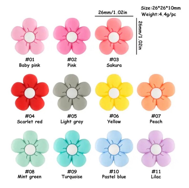 May include: Eleven different colors of 1-inch flower-shaped resin buttons. The colors are baby pink, pink, sakura, scarlet red, light gray, yellow, peach, mint green, turquoise, pastel blue, and lilac.