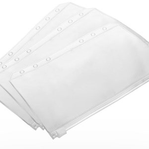 May include: Three clear plastic zippered pouches with holes for a binder. The pouches are stacked on top of each other.