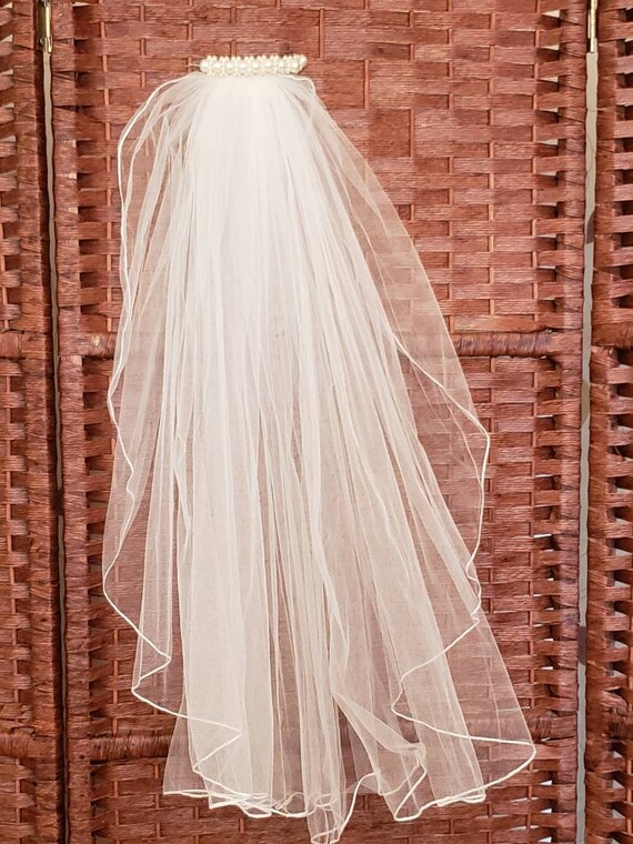 diamond white veil with ivory dress Ivory, White, or Elbow Length Bridal Pearls SID-STD14449C
