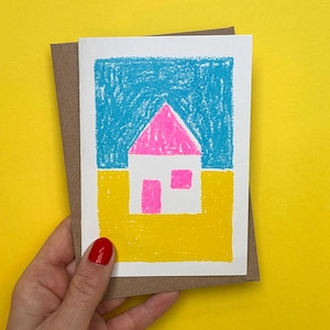 Neon New Home Riso-kaart | Eenvoudig huis voor vriend | Kaart voor vriend | Risografiekaart | Verhuiscadeau | Cadeau huiseigenaar | Gratis kaart huren