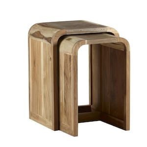 May include: A set of two wooden nesting tables with a curved, arched design. The tables are made of light brown wood with a natural finish.