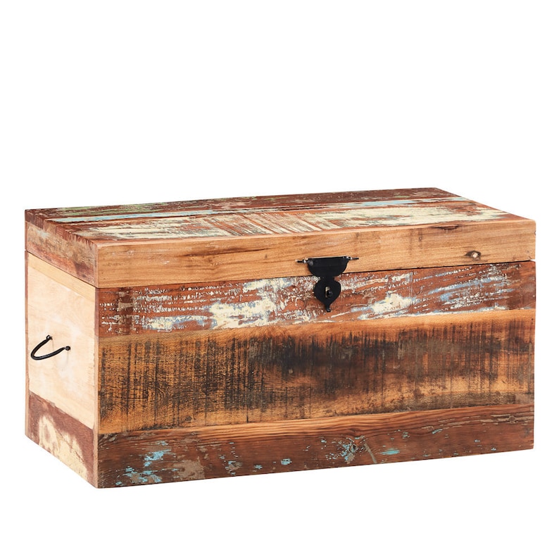 Rustic French Chic Style Solid Reclaimed Boat Wood Ottoman Cabinet Storage Trunk Blanket Box Living Room Bedroom Furniture image 1
