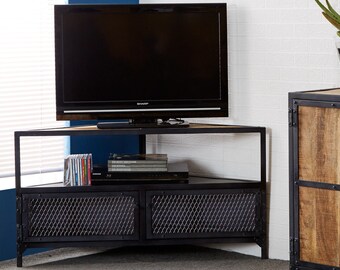 Rustic Industrial Solid Wood & Metal 2 Drawers with Shelf Ellen Corner Stand TV Media Unit Living Room Bedroom